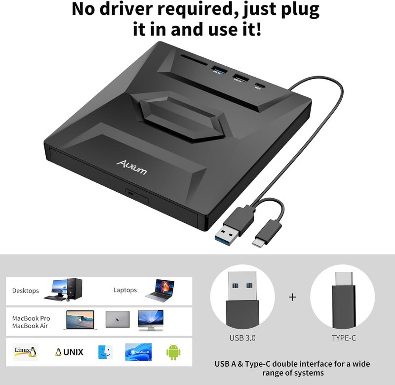 ALXUM محرك أقراص CD/DVD خارجي للكمبيوتر المحمول، نوع-C USB 3.0 مشغل أقراص مضغوطة محمول مع فتحة بطاقة SD ومنافذ USB DVD 8X CD 24X سرعة فائقة لنظام Windows/Mac OS/Linux/Vista - Image 4